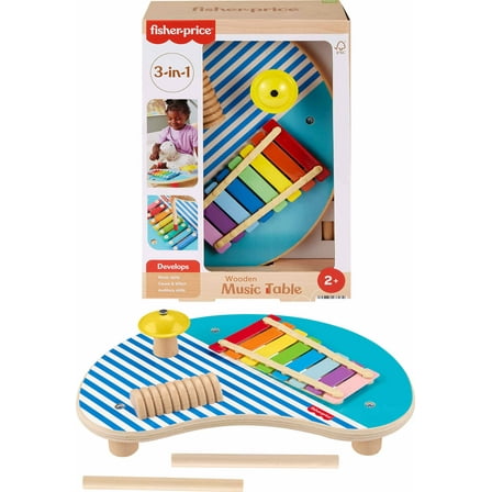 Fisher-Price Wooden Toy Musical Table with Percussion Instruments for Toddler Role Play, 3 Wood Pieces