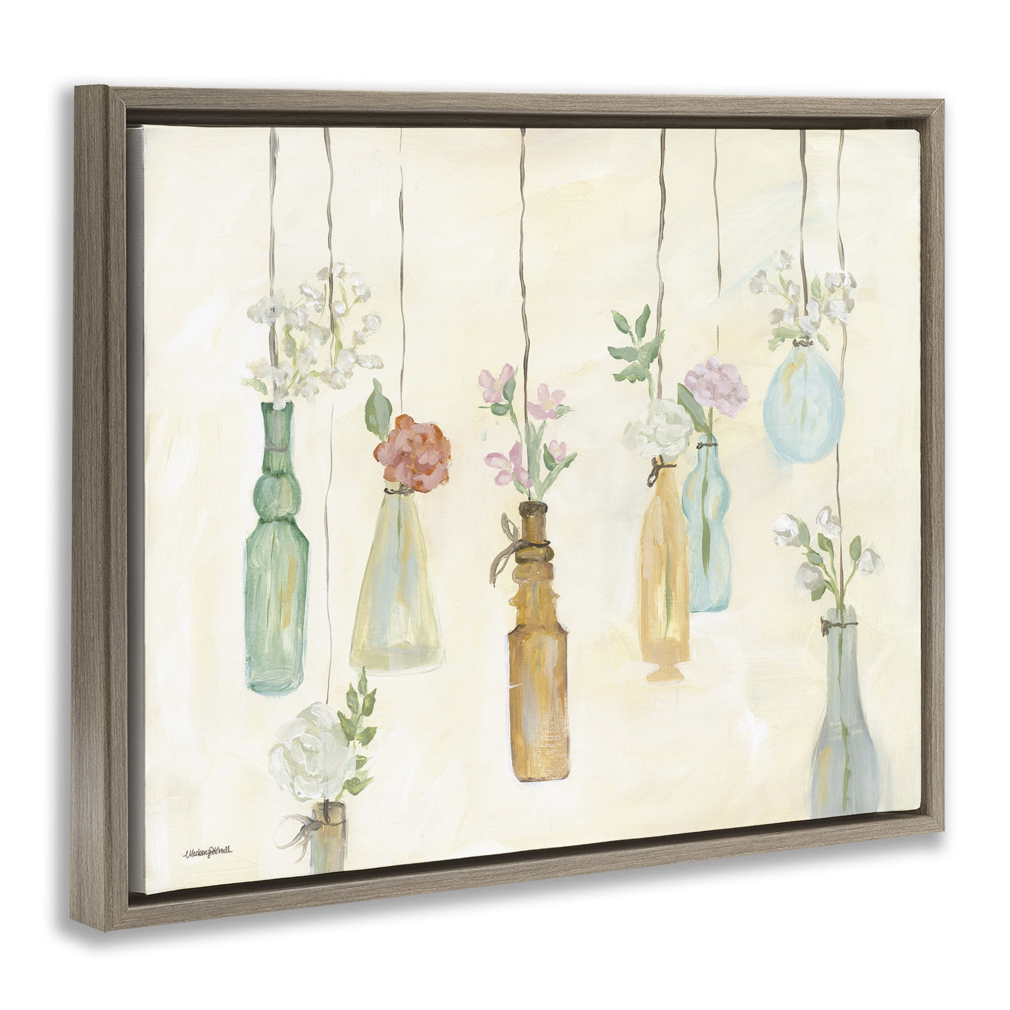 Stupell Industries Hanging Floral Bottles Botanical & Floral Painting Brown Floater Framed Canvas Art Print Wall Art, 21 x 17