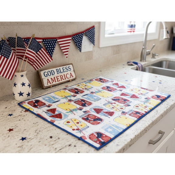 Serafina Home Seasonal Fourth Of July Kitchen Dish Drying Mat: Fun Patriotic Flags Stars and Stripes (Mason Jar)