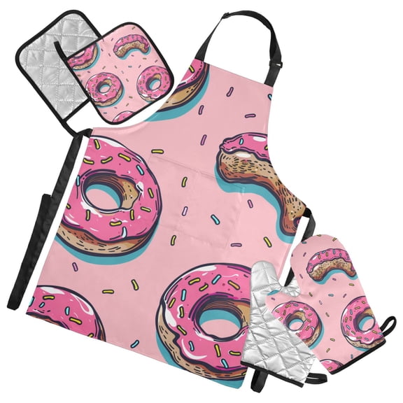 Full Donuts and A Half-bitten Donut Apron Set with Oven Mitts Pot Holders Set of 5 Kitchen Stuff Accessories