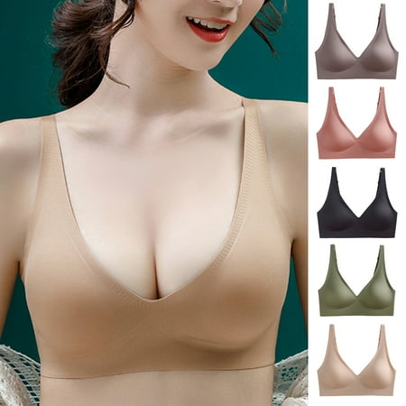 

harmtty Lady Bra Padded Sexy Soft Intimate Solid Color Support Breast Seamless Wire Free V Neck Sports Bra for Daily Wear Black