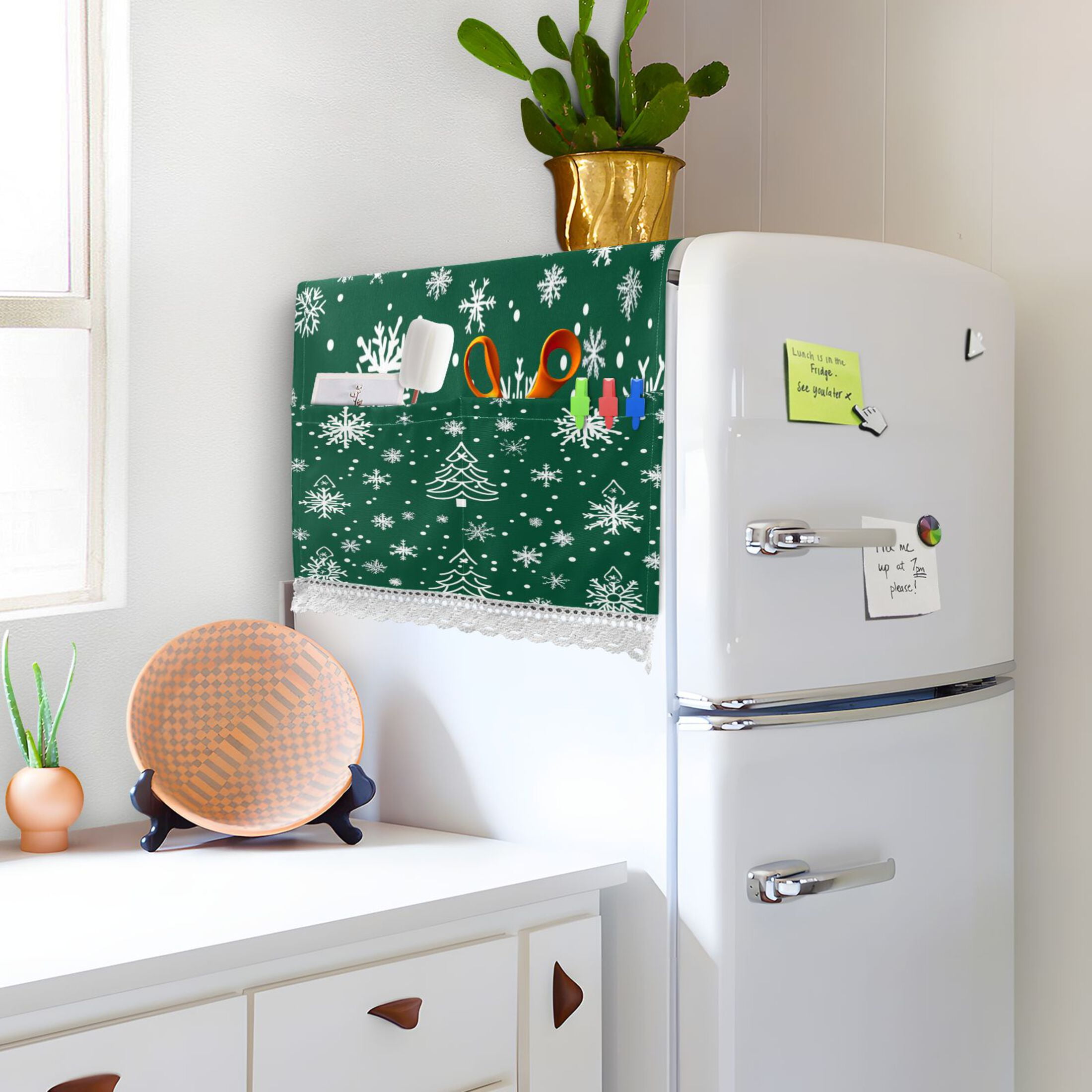 Green Christmas TreeWasher and Dryer Covers Dust-Proof and Oil Resistant Fridge Cover with 4 Storage Pockets Washing Machine Top Cover for Laundry Kitchen Home 51.2 x 22 In