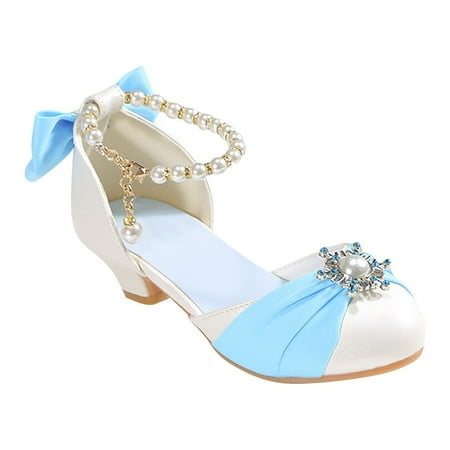 

Huesdet Girls Dress Shoes Low Heels for Little Big Girl Mary Jane Shoes with Pearl Rhinestones Flower Girl Pumps Princess Wedding Party(Blue 5.5-6 Years)