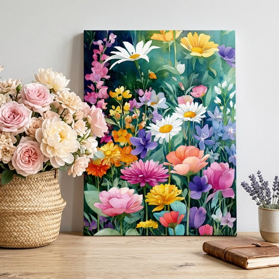 Canvas Wall Art Spring Florals Canvas Art Print Watercolor Yellow White Purple Pink Orange Daisy Floral Leaf Wall Decor for Living Room Bedroom Artwork Decorations Framed Ready to Hang 11"x14"