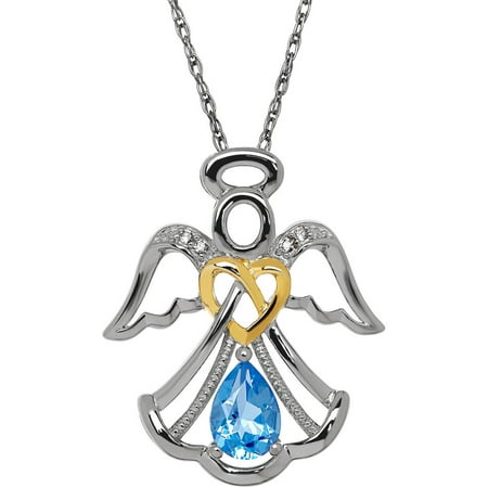 Blue Topaz and White Sapphire Sterling Silver and 18kt Gold Plate Angel Pendant