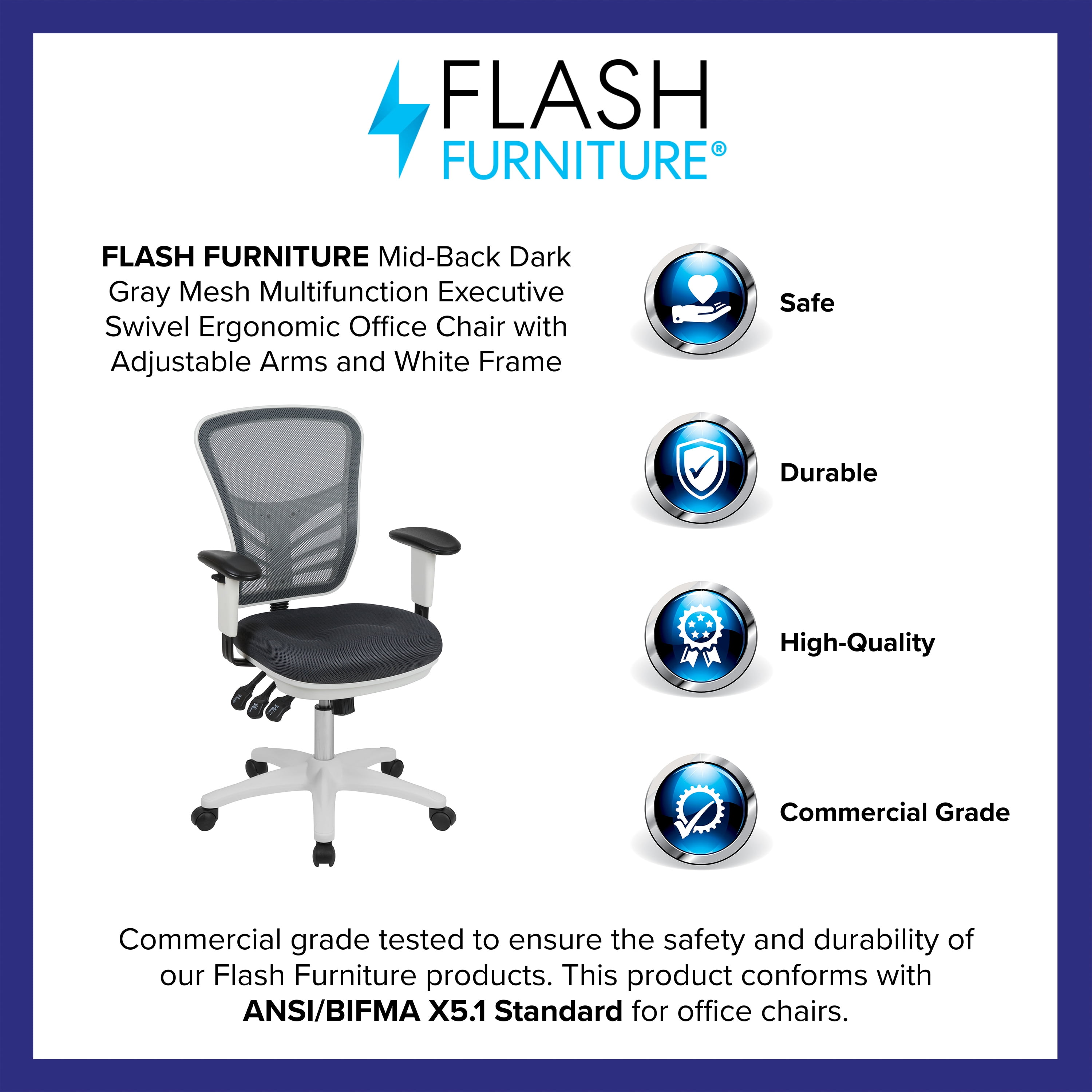 Emma + Oliver Mid-Back Dark Gray Mesh/White FrameMultifunction Ergonomic Office Chair w/ Arms
