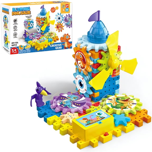 46Pieces Electric Gear Building Blocks Sets, 3 in 1 Castle Building Toys with Dinosaur Stickers for Kids Ages 3  (Not Included Battery)