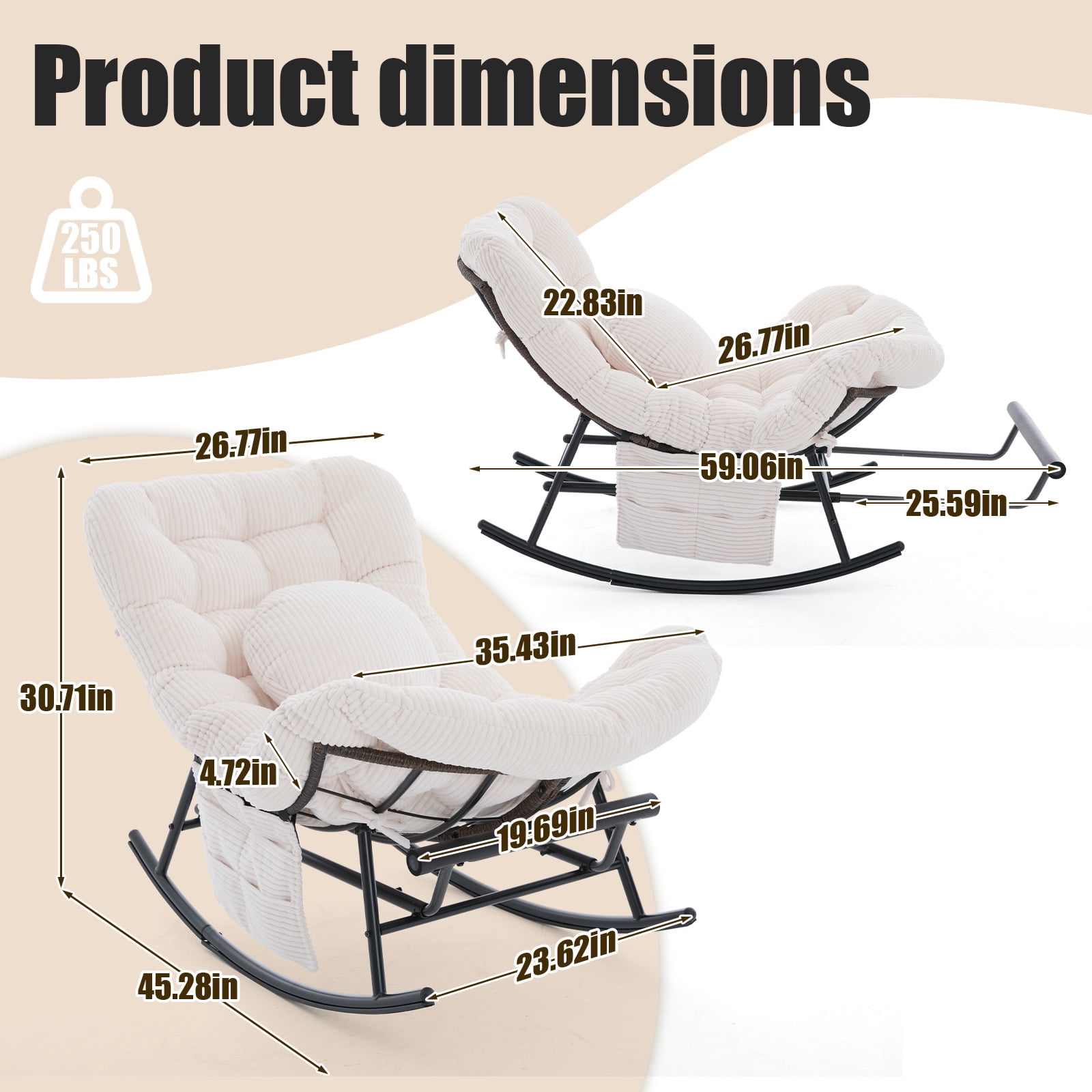 MOONMISS Rocking Chair with Thick Cushion and Footrest,Large Wicker Patio Rocker,Sturdy Steel Frame Lounge for Indoor/Outdoor