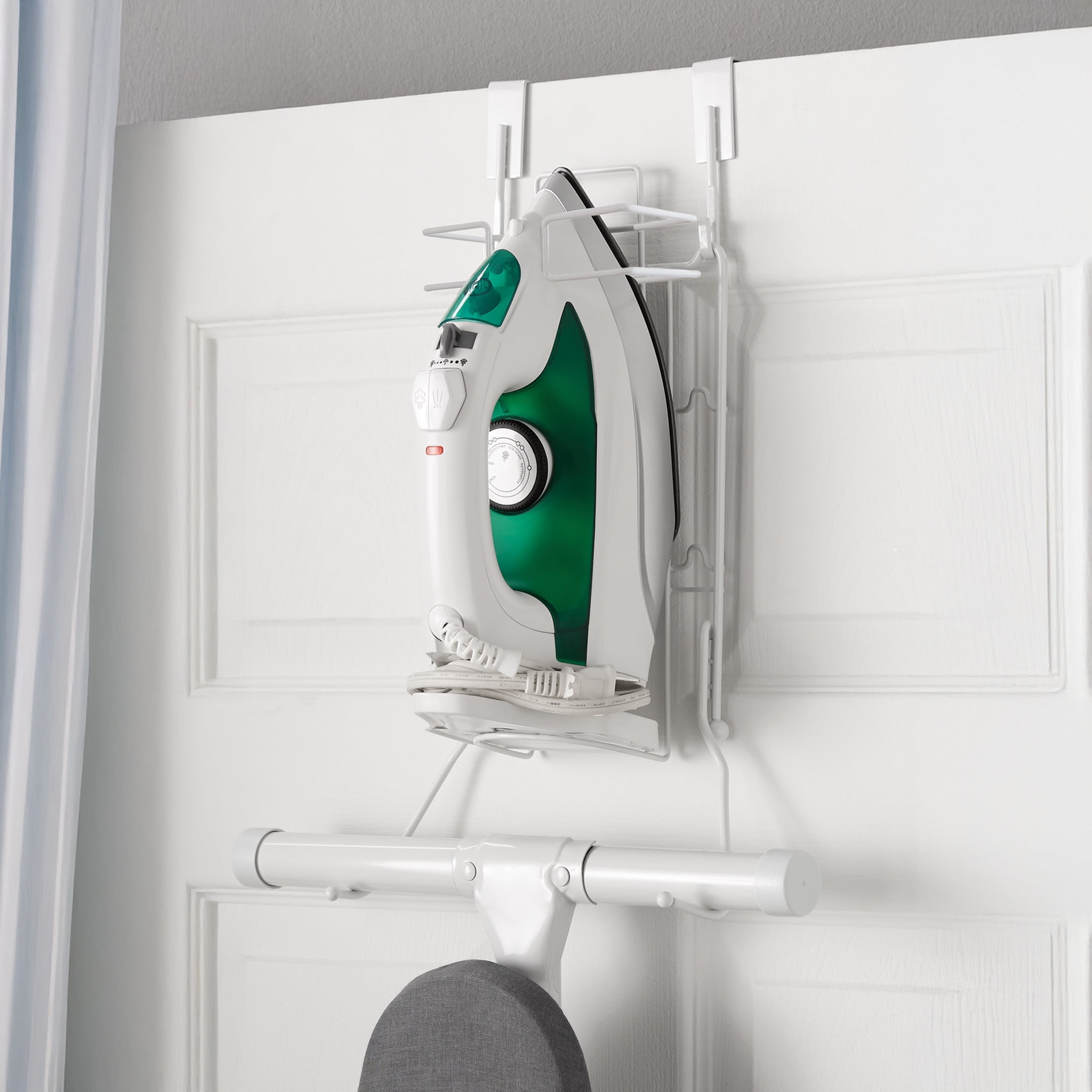 Mainstays Over‑the‑Door Iron & Ironing Board Holder – Space‑Saving Steel Storage Rack, White