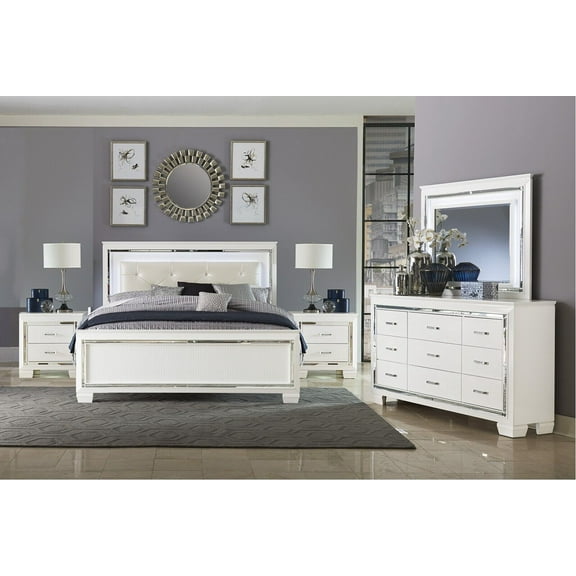 Modern Bedroom 5pc Set White Finish King LED Bed Nightstands Dresser Mirror Set