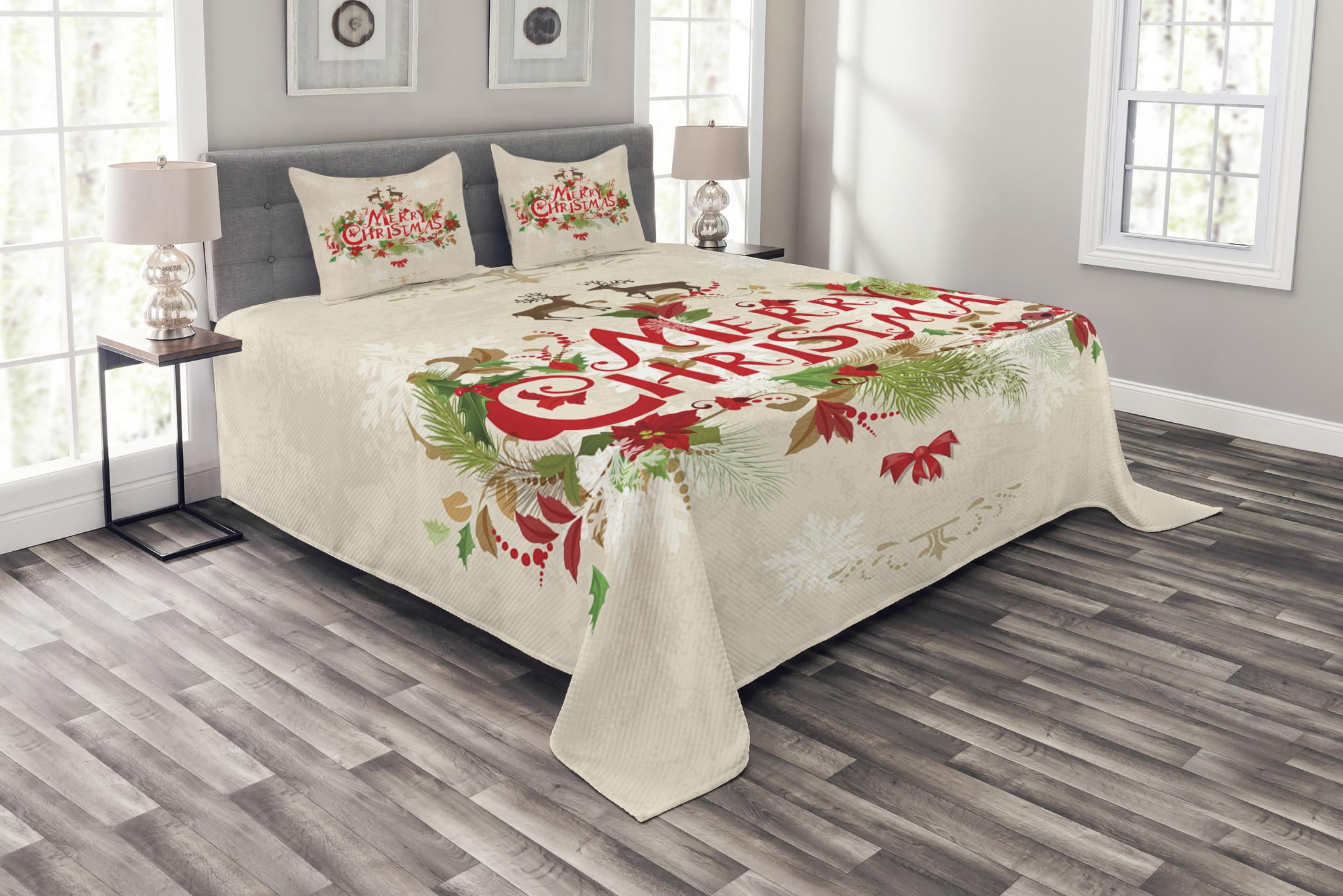 Christmas Bedspread Set, Merry Xmas Wish with Fir Tree Branches