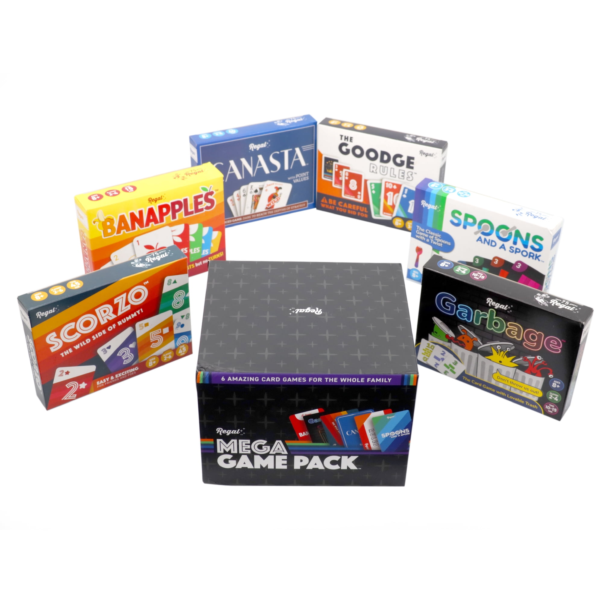 Regal Games, Mega Game Pack, 6 Card Games- ScorZo, The Goodge Rules, Banapples, Spoons and a Spork, Garbage, and Canasta - for Family Gatherings & Game Nights