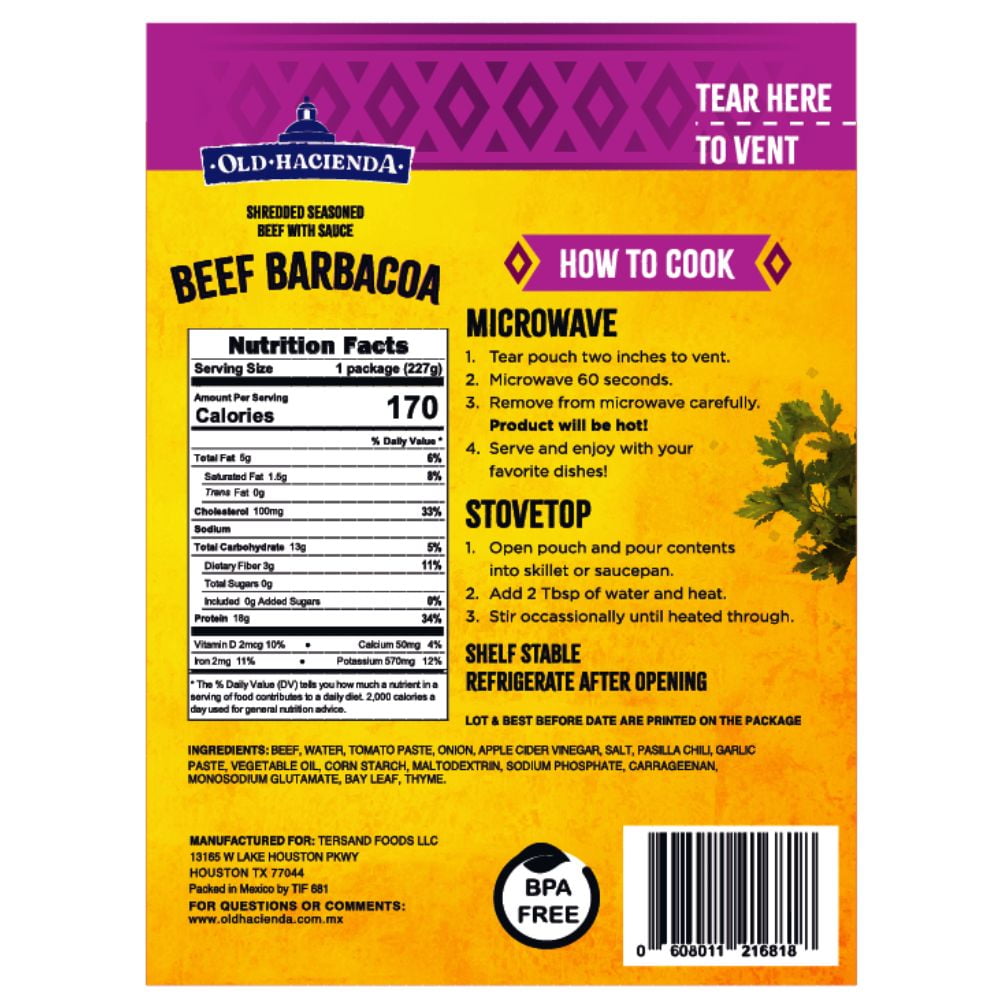 Old Hacienda Beef Barbacoa, Shelf-Stable Heat and Eat 8oz. (227g) Pouch in Authentic Mexican Flavors