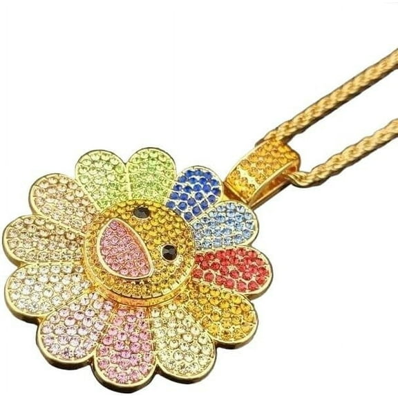 Smiley Face Sunflower MurKami Cartoon Inspiration Necklace,Colorful Petal Hip Hop Necklace,Spinning Pendant