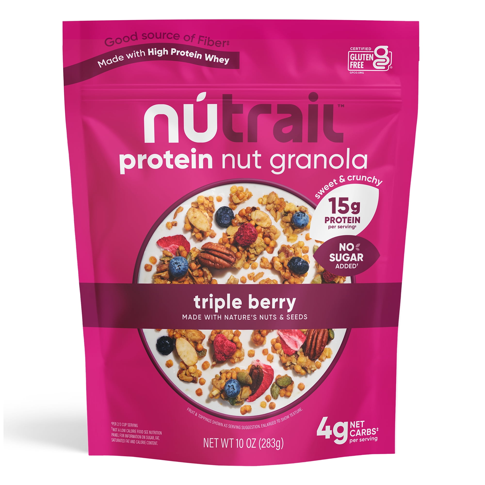 NuTrail 15g Protein Nut Granola Cereal, Triple Berry, No Sugar Added, Keto, Low Carb, Gluten Free, Grain Free, Healthy Breakfast, 10 oz, 1 Count