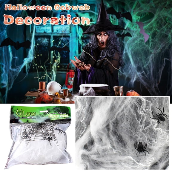 CHJK White Stretchable Spider Web with Spiders, 20g Halloween Decoration Spiderweb Coverage for Indoor & Outdoor Use