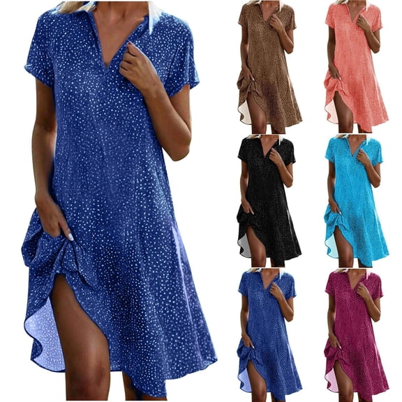 Fengqque Women's Midi Dress V-Neck Short Sleeve Plus Size Summer Solid Color Waist-cinching Dress Sky Blue 10(XL)