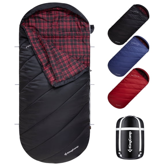 KingCamp XL Cotton Flannel Sleeping Bags, Oversized Weatherproof 3-Season Sleep bag with hood for Camping & Hiking & Backpacking, 17.6℉-54℉ (Black)