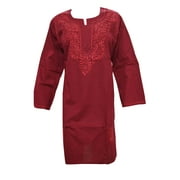 Mogul Womans Indian Tunic Caftan  Maroon Kurta Embroidered Cotton Dress