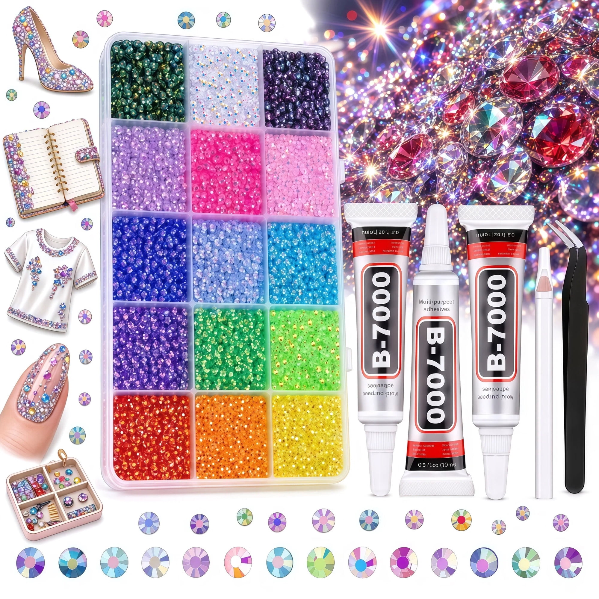 15000Pcs Resin Jelly Rhinestones for Bedazzling,BYKXU Multicolor 3mm Flatback Rainbow Gems, Bedazzled Kits with 3Pcs 10ml B7000 Jewelry Glue for Crafts Crafting Book Clothing Shoes Nail Art
