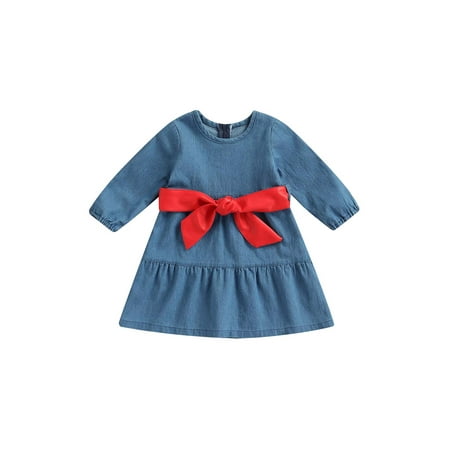 

Canrulo Toddler Girls Summer Dress With Big Bowknot Long Sleeve Blue Denim Ruffles A-Line Dresses Blue 1-2 Years