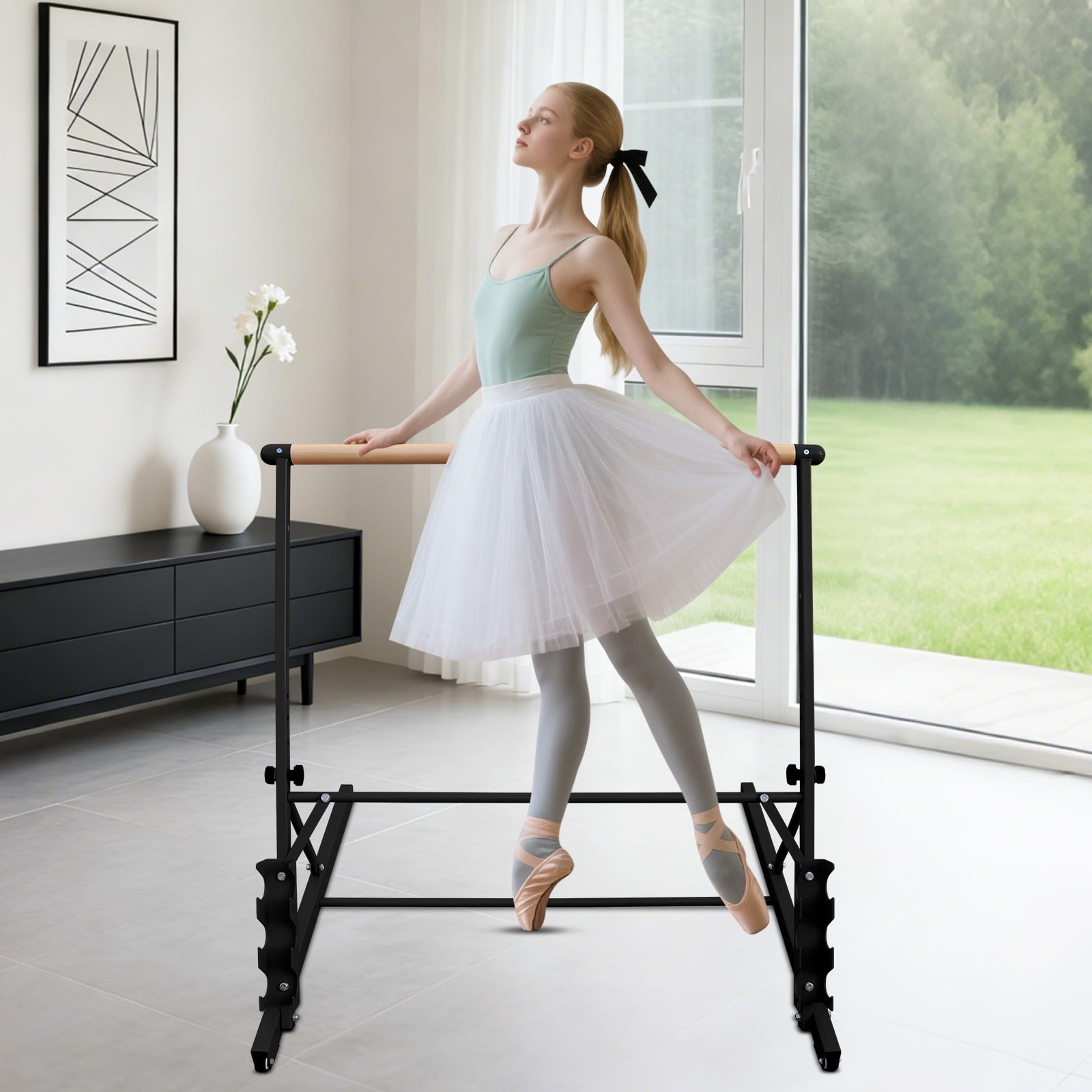 Solid Wood Ballet Barre 3.5FT with Adjustable Height 31.5-39.5 Inches, Portable Dance Practice Barre with Wheels for Home, Studio, Adjustable, Black