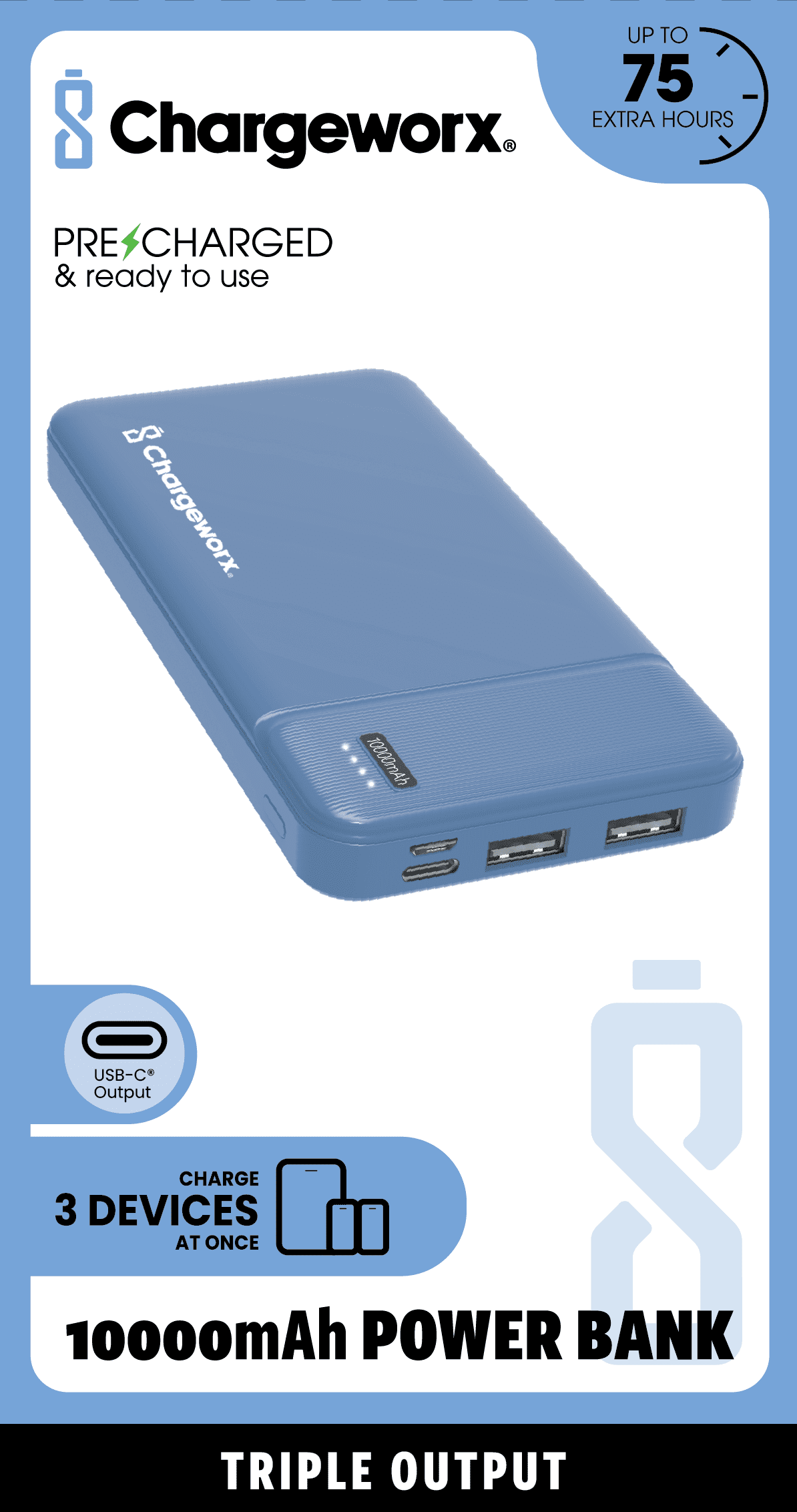 Chargeworx 10000mAh Power Bank – Portable Charger with Triple Output | USB-C, Micro USB & USB Ports | Up to 75 Extra Hours | Compact External Battery Pack for Phones, Tablets & Mor