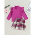 thumbnail image 2 of Bagilaanoe 2Pcs Toddler Baby Girls Skirt Set Ruffle Long Sleeve T-Shirts Tops + Plaid Skirt + Headband 6M 12M 2T 3T 4T 5T Kids Fall Casual Outfits, 2 of 7