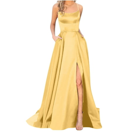 Party Dresses For Graduation  Women s Solid Color Off Back Strap Long Dress Slim Off Shoulder Evening Dress Yellow XL