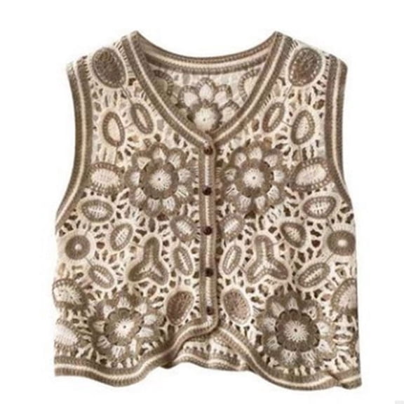 OOKWE Women Vintage Hollow Out Crochet Crop Top Vest Embroidery Floral Sleeveless Jacket Cardigan Button Down Boho Hippie Casual Waistcoat