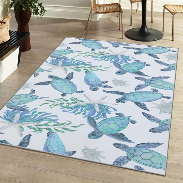 Alfombra Tritard Sea Turtles Nautical Antideslizante, 152 x 213 cm, color verde azulado