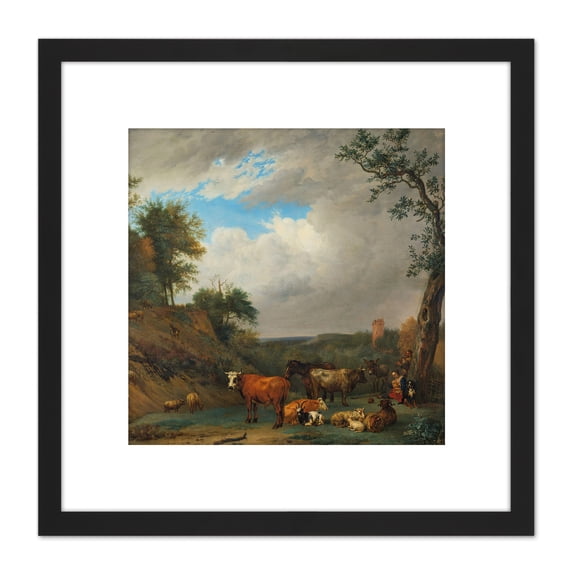 Paulus Potter Herdsmen With Their Cattle Painting 8X8 Inch Square Wooden Framed Wall Art Print Picture with Mount