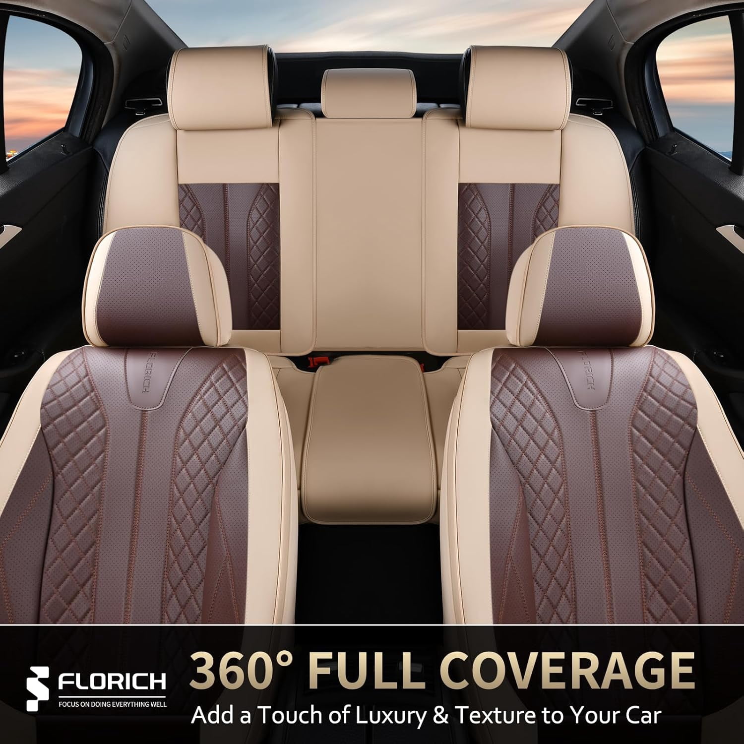 FLORICH Full Set Car Seat Covers, Premium Faux Leather Seat Protectors, Breathable Material Cushions Universal Fit for Most Cars, Beige & Coffee