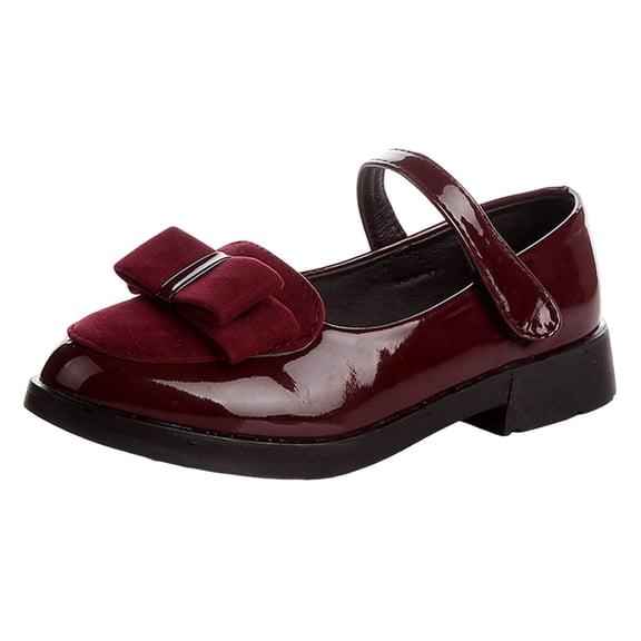 hoksml Girls Patent Leather Mary Jane Heels with Velvet Bow Toddler Little Kid Dress Shoes