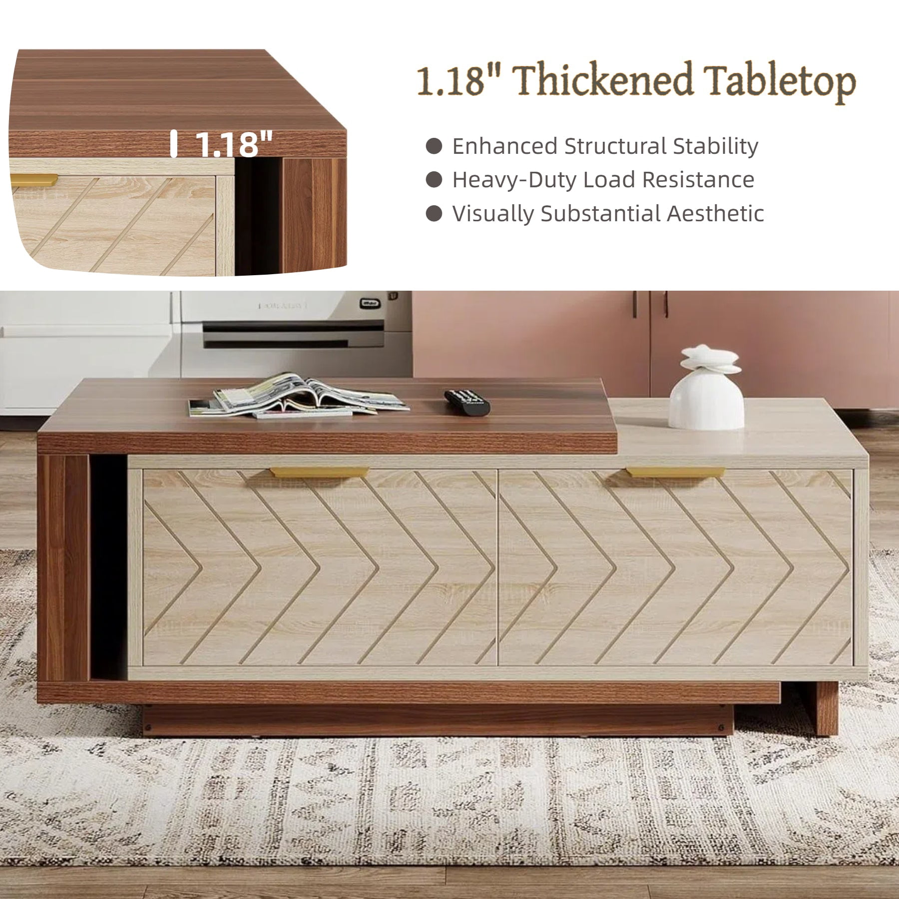 Fnova Modern Extendable Coffee Table with 2 Drawers, 42"-65" Expandable Wood Coffee Table for Living Room, Walnut & Oak