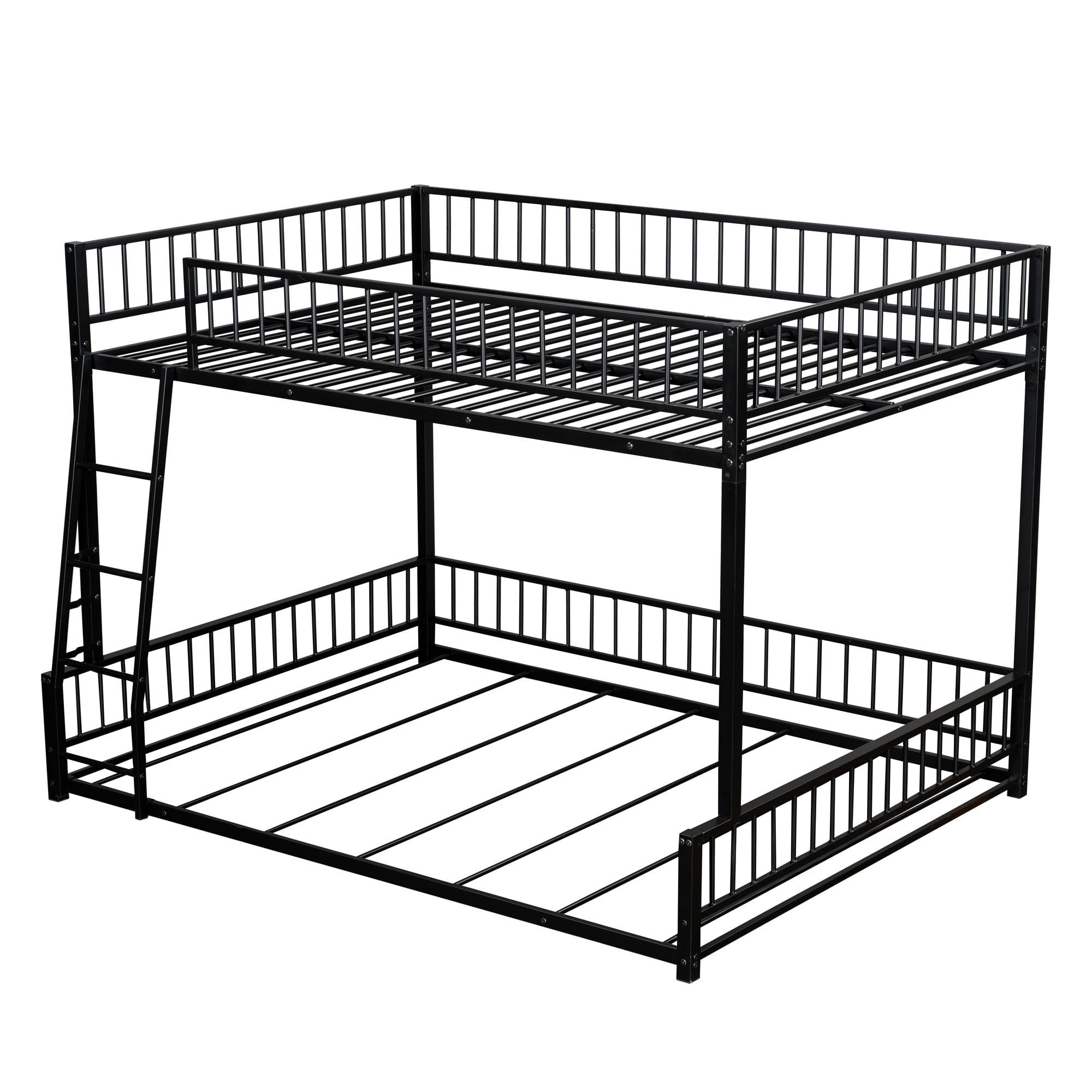 Full XL over Queen Bunk Bed, Heavy Duty Bunk Beds for Adults and Kids,Floor Bed Frame with Ladder and Safety Guardrails, Easy Assemble,Black