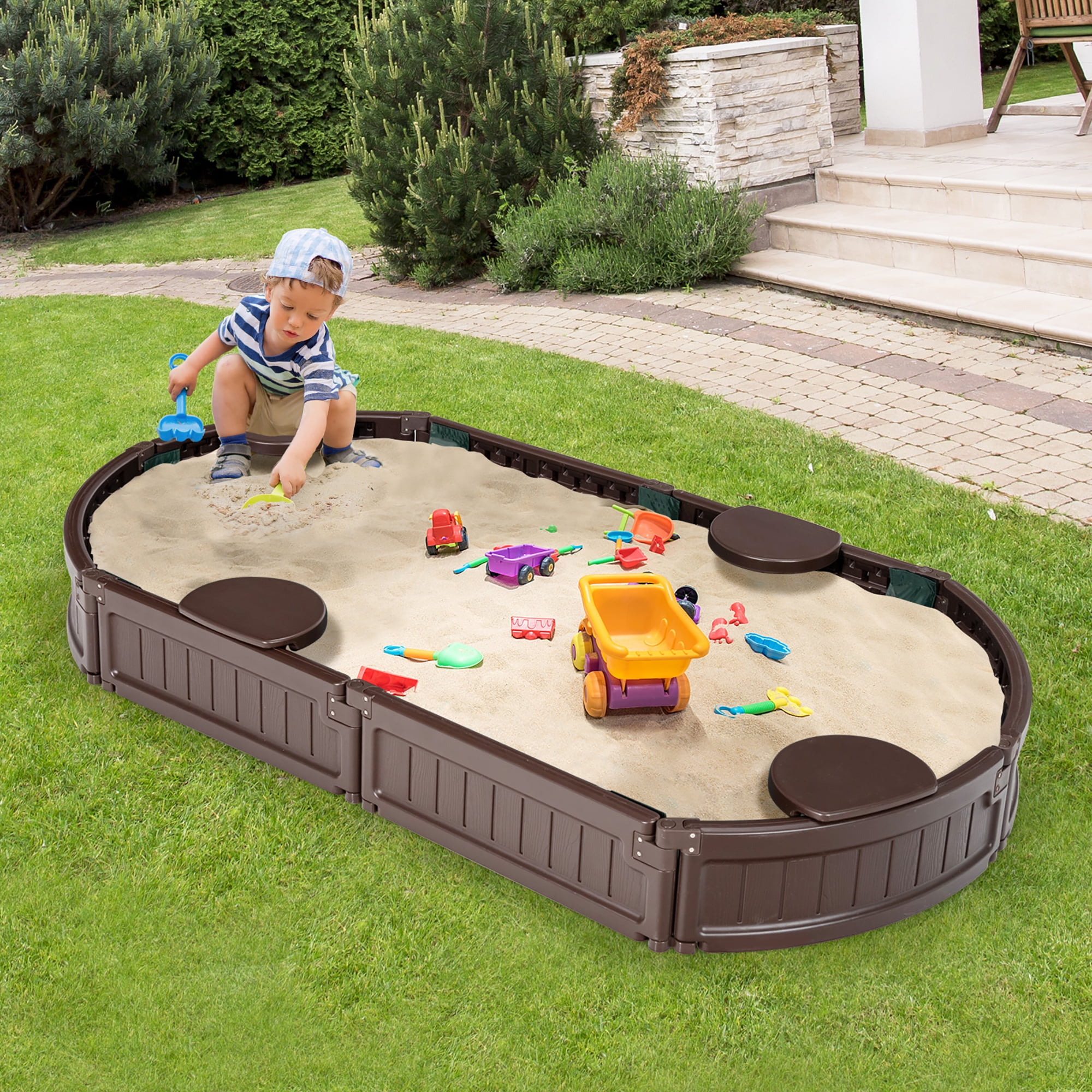 Costway 6F HDPE Sandbox with Built-in Corner Seats, Cover