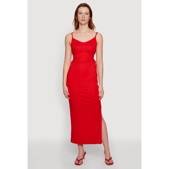 Women's Ribbed Knit Drawstring Keyhole Detail Side Slit Maxi Dress