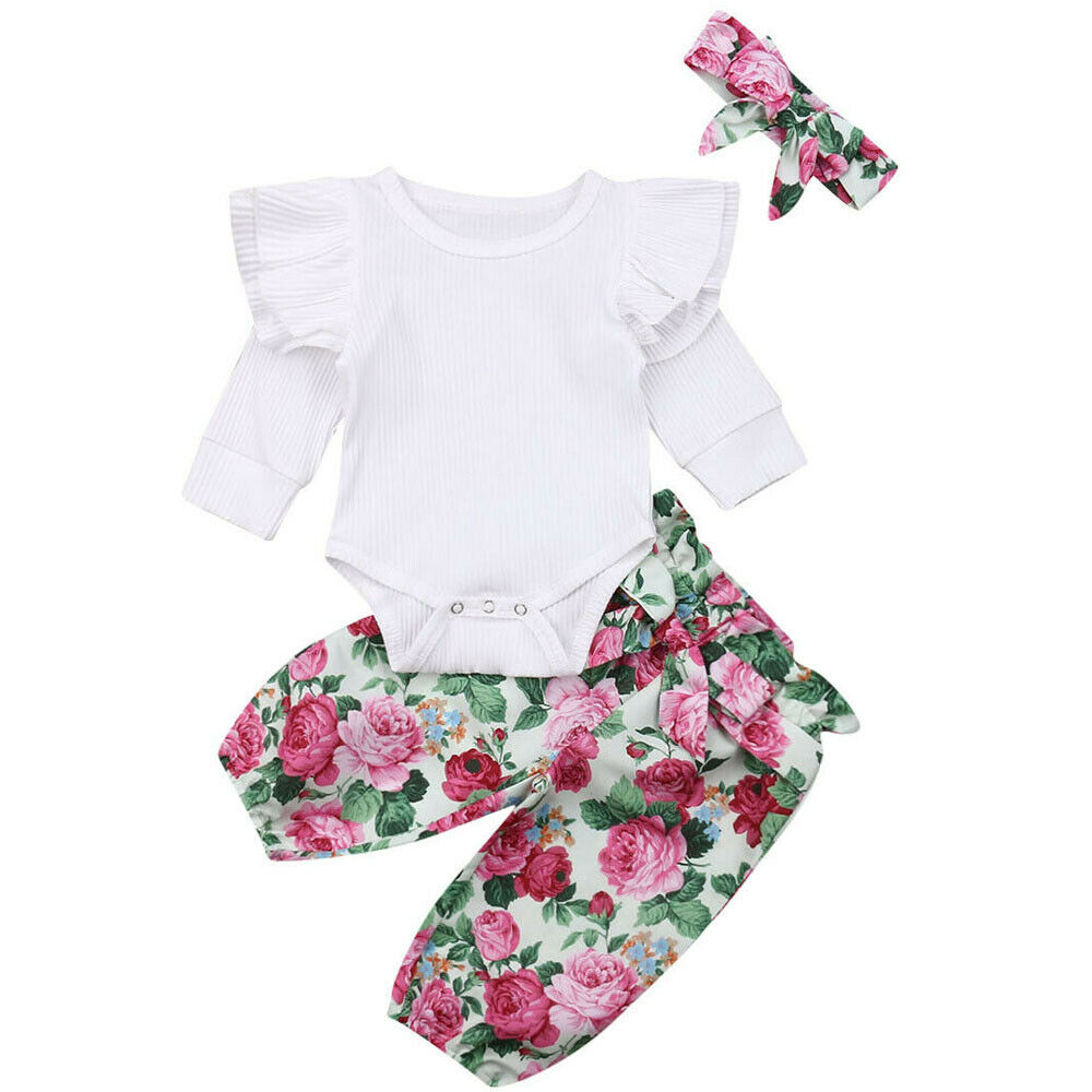 Newborn Baby Girl Romper Tops Jumpsuit Floral Pants Headband Outfit Clothes Set