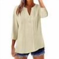 thumbnail image 7 of Hfnxid Women's Cotton Linen 3/4 Length Sleeve Tops Henley Neck Button Shirts Fashion Pleated Casual Loose Fit Blouses Summer Casual Roll Up Sleeve Shirt, 7 of 7