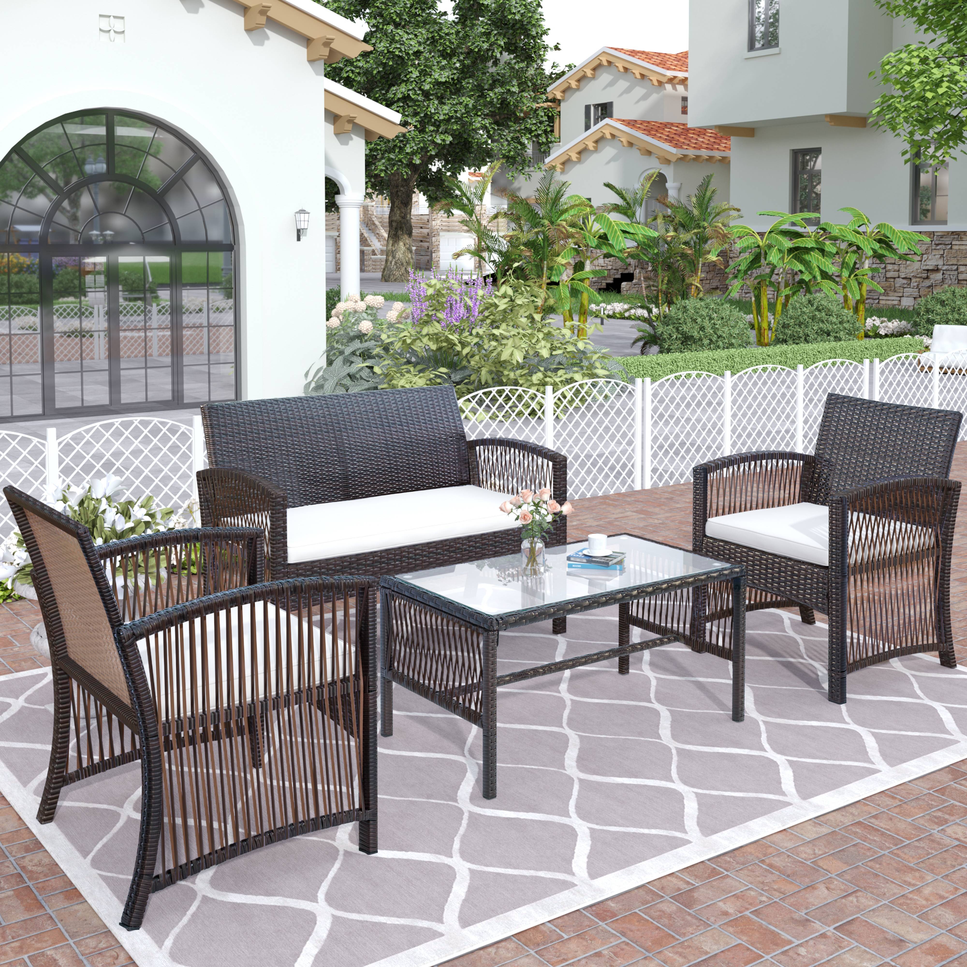 4 Pieces Outdoor Patio Furniture Sets, PE Rattan Chair Wicker Set with Two Single Sofa, One Loveseat, Tempered Glass Table, Backyard Porch Garden Poolside Balcony Furniture Sets, Q8591 - image 3 of 13