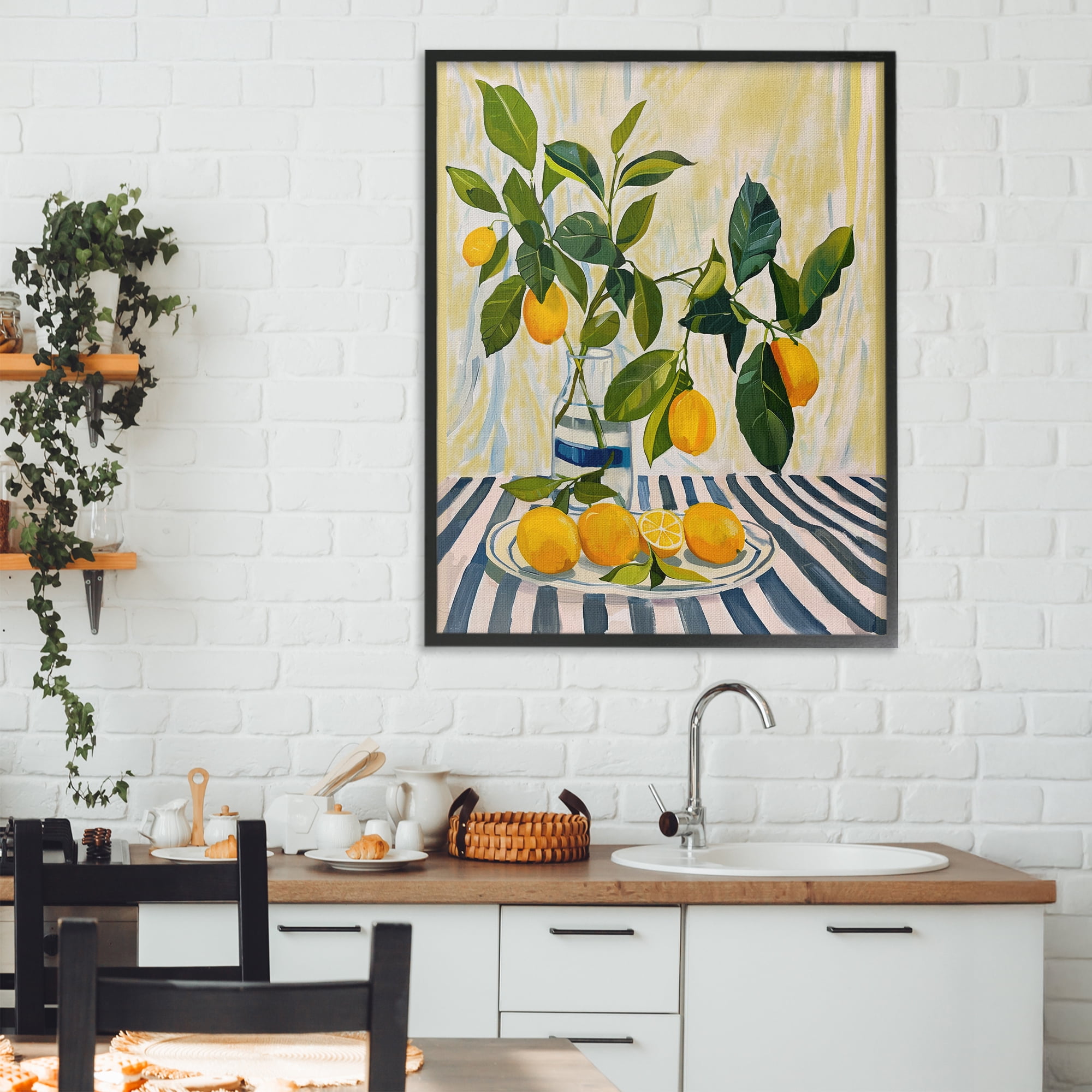 Stupell Industries Lemons on Striped Tablecloth Black Framed Giclee Art, design by Yen