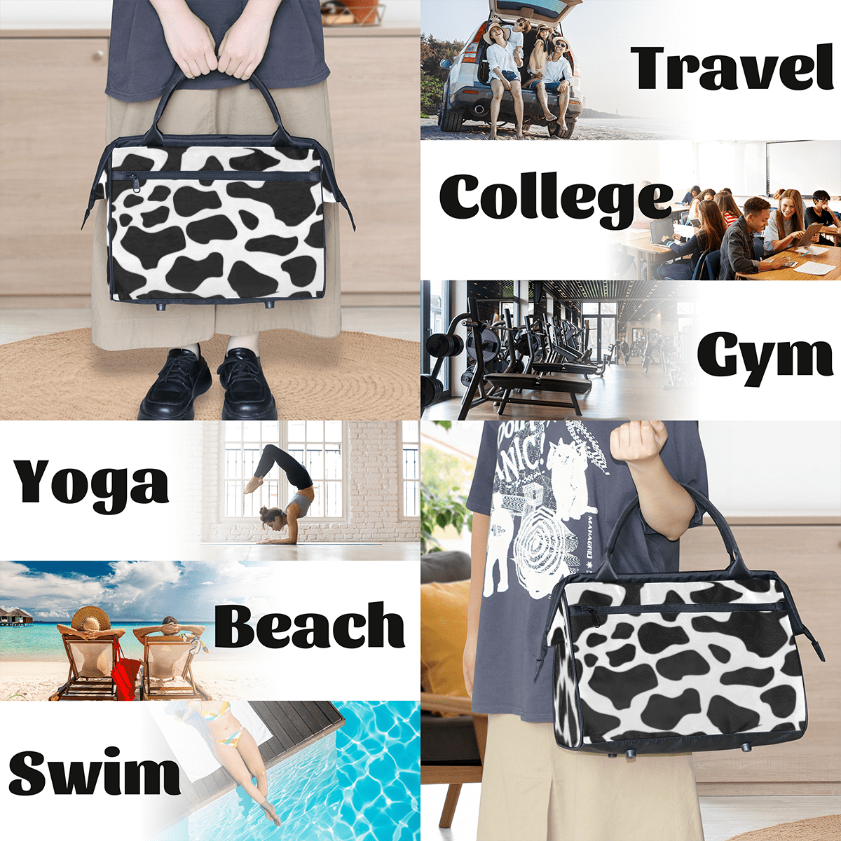 Herdesigns Cow Print Skin Weekender Travel Duffel Bag Carry On Overnight Gym Hospital Bag Personal Item Travel Bag