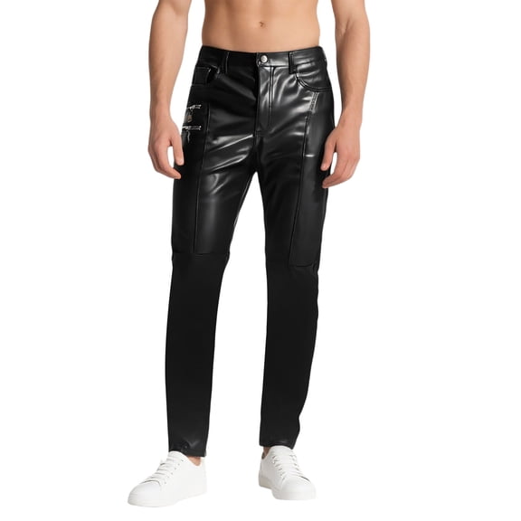 Men's PU Leather Casual Pants Slim Fit Comfortable Trousers for Party Sportswear Stylish Motorcycle Fashion Men's Pants Relaxed Fit Dress Navy Stretch Waist