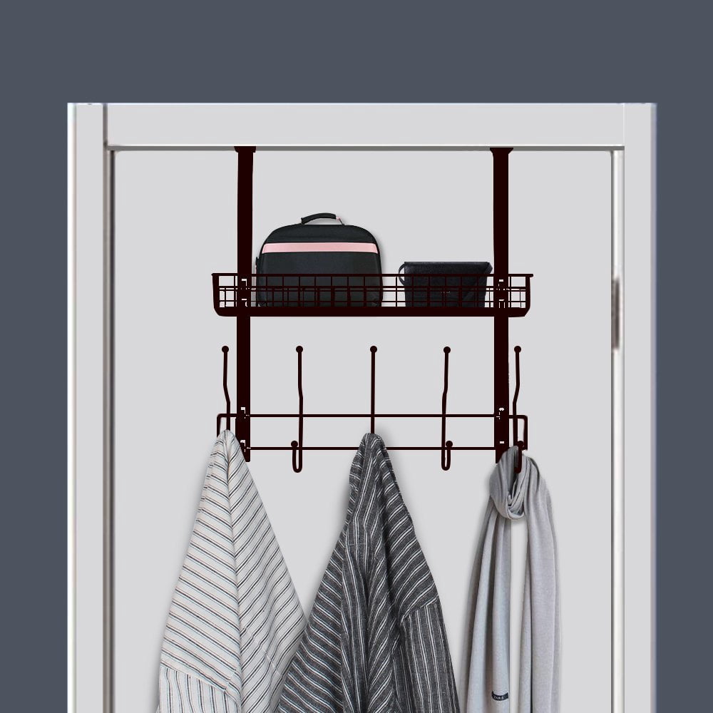 Over The Door Hook Rack with Wire Storage Basket, Metal Over Door Organizer for Entryway Bathroom