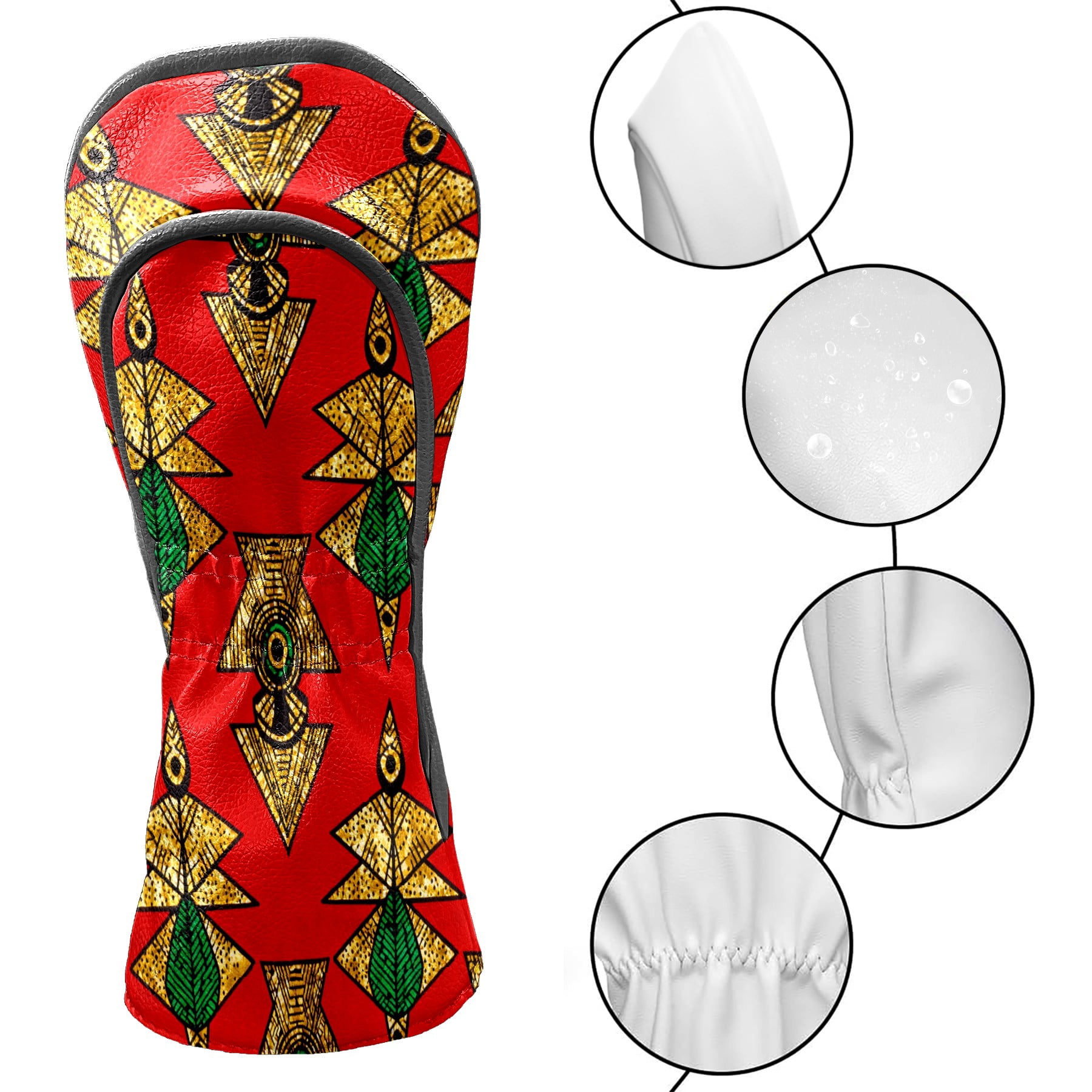 Golf Club Covers, Red GeometricEmblem Premium PU Leather Driver Hybrid Putter Head Covers with Velvet Lining, Waterproof Golf Gifts for Men Women