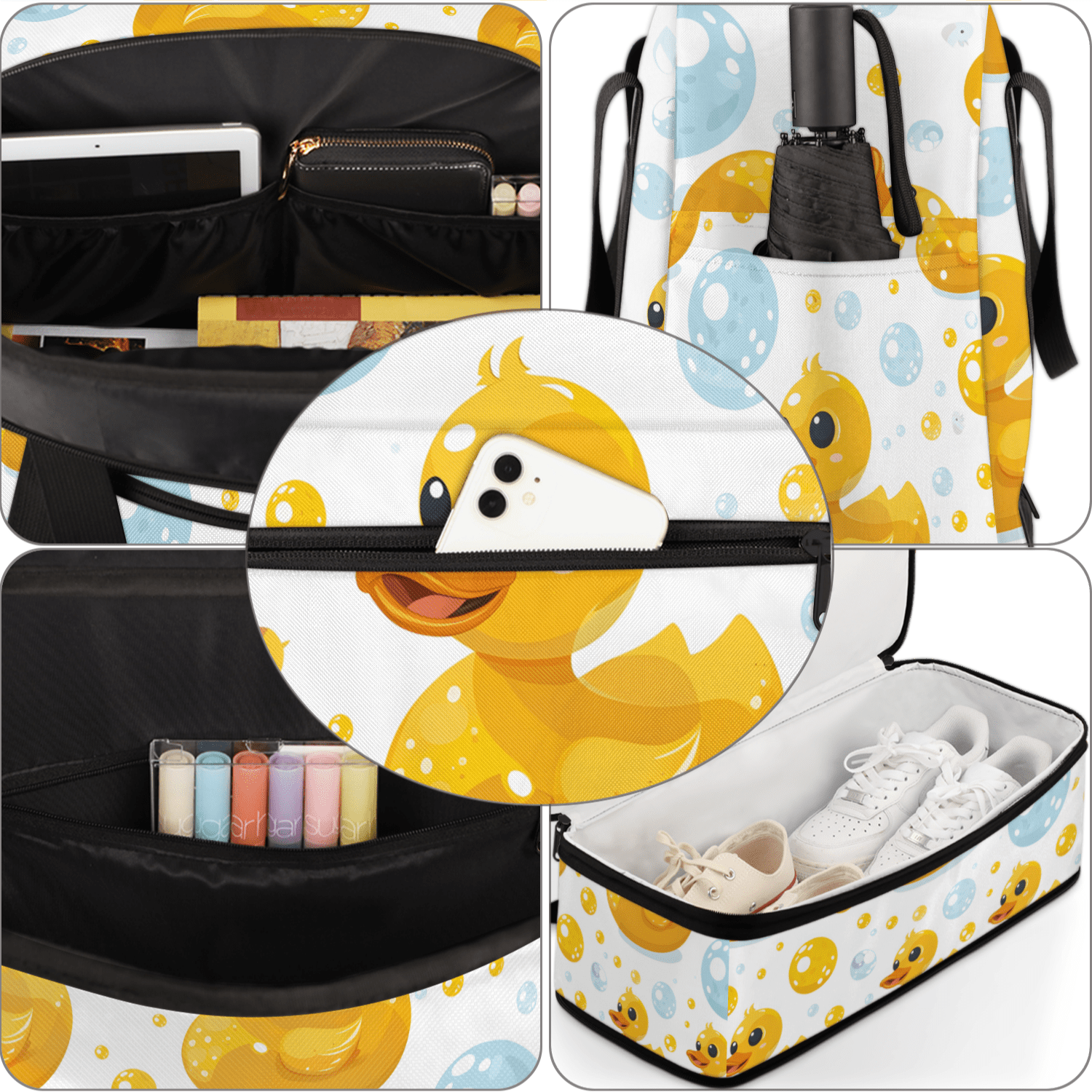 Herdesigns Rubber Duck Foldable Travel Duffel Bag for Women Men, Yellow Blue Bubble Weekend Overnight Carry On Bags with Shoe Compartment