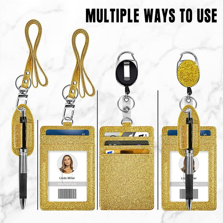 Retractable ID Badge Holder, Multipurpose Bling Rhinestone Badge Reel with Belt Clip , Shiny PU Leather Badge Holder with Lanyard and Pen Holder for