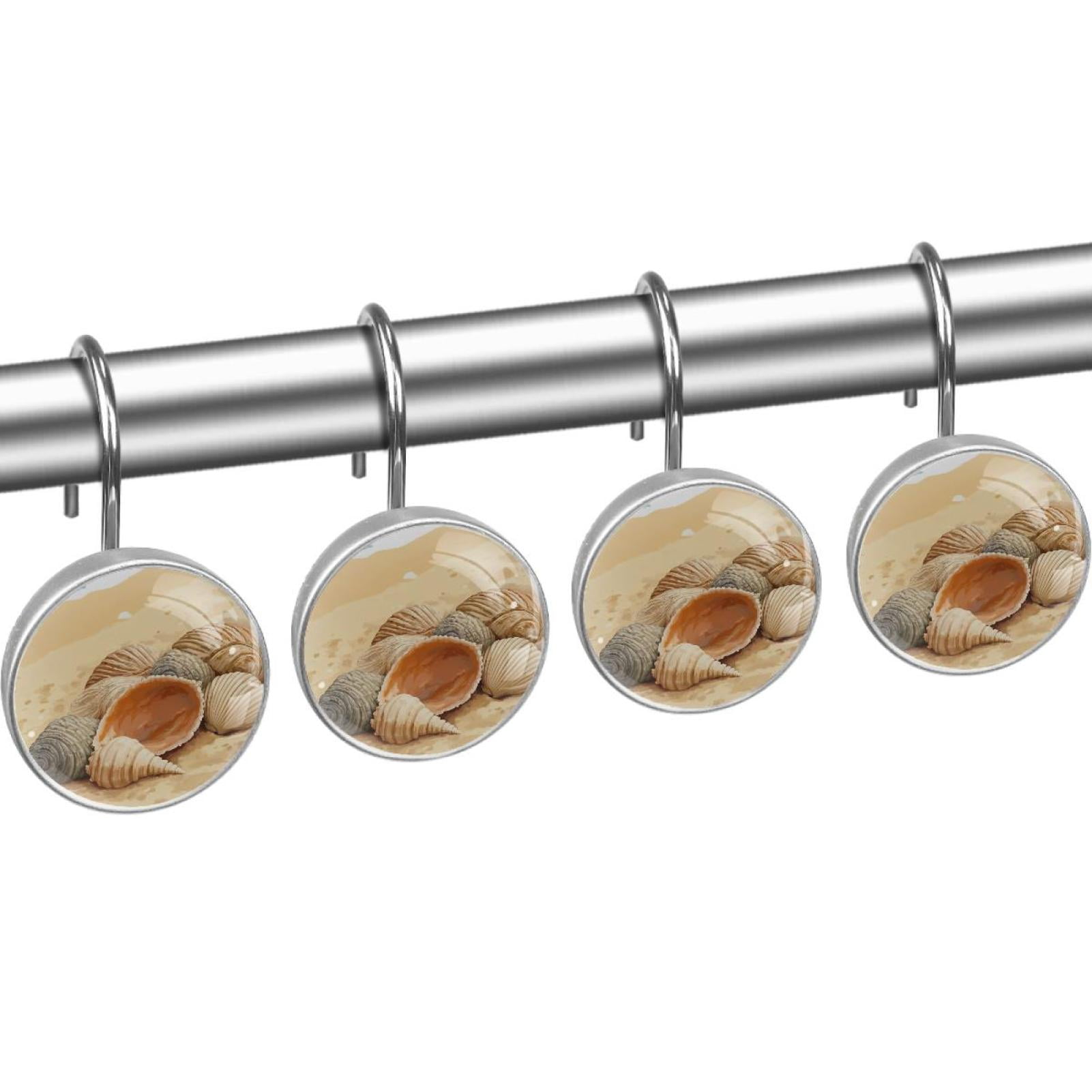 Watercolor Shells on Beach Shower Curtain Hooks Round Crystal Glass, Set of 12 Shower Curtain Rings - Shower Hooks for Curtain Shower Rings