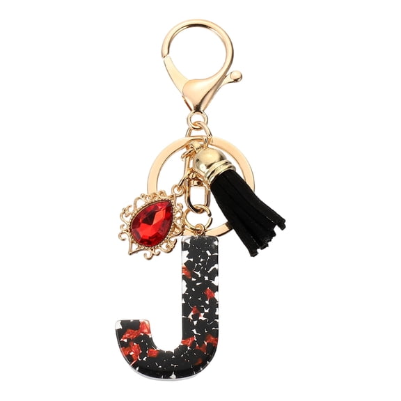 Uxcell Initial Letter J Keychains, Resin Alphabet Key Ring with Tassel, Black/Red